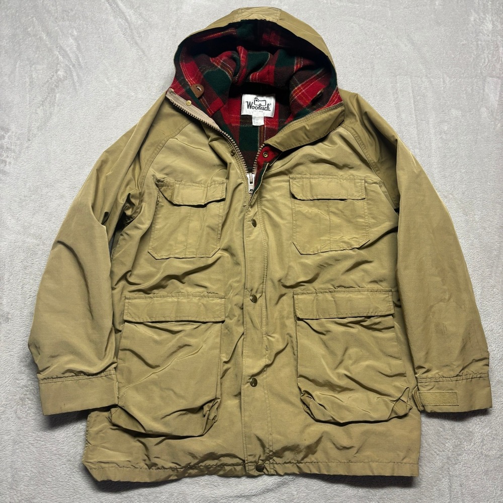 Vintage Woolrich Mountain Parka Mens L Tan Plaid Wool Lined Coat Jacket USA Made